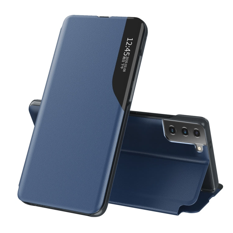 For Samsung Galaxy S21+ 5G Side Display Shockproof Horizontal Flip Leather Case with Holder(Blue)