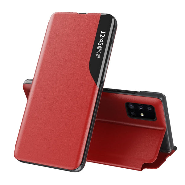 For Samsung Galaxy A02s (EU Version) Side Display Shockproof Horizontal Flip Leather Case with Holder(Red)