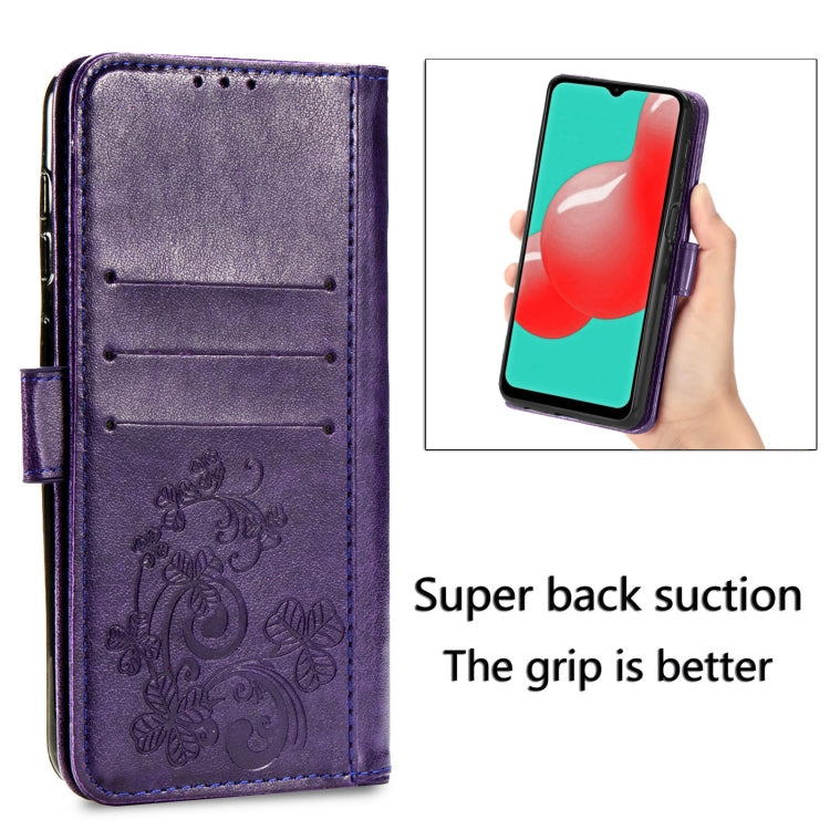 Four-leaf Clasp Embossed Buckle Mobile Phone Protection Leather Case with Lanyard & Card Slot & Wallet & Bracket Function For Samsung Galaxy A32 5G(Purple)