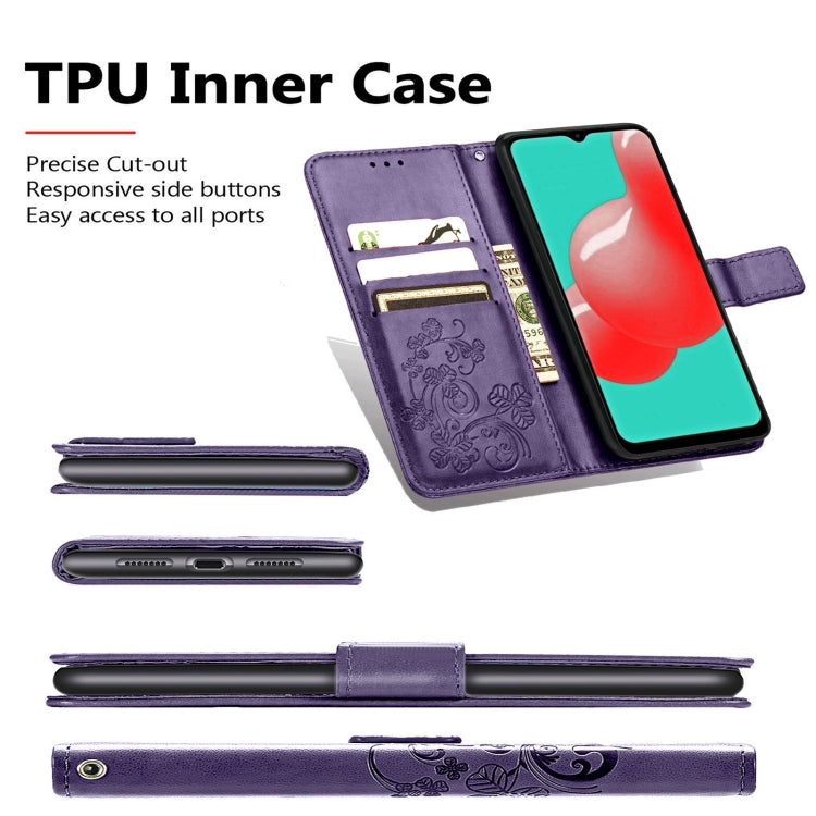 Four-leaf Clasp Embossed Buckle Mobile Phone Protection Leather Case with Lanyard & Card Slot & Wallet & Bracket Function For Samsung Galaxy A32 5G(Purple)