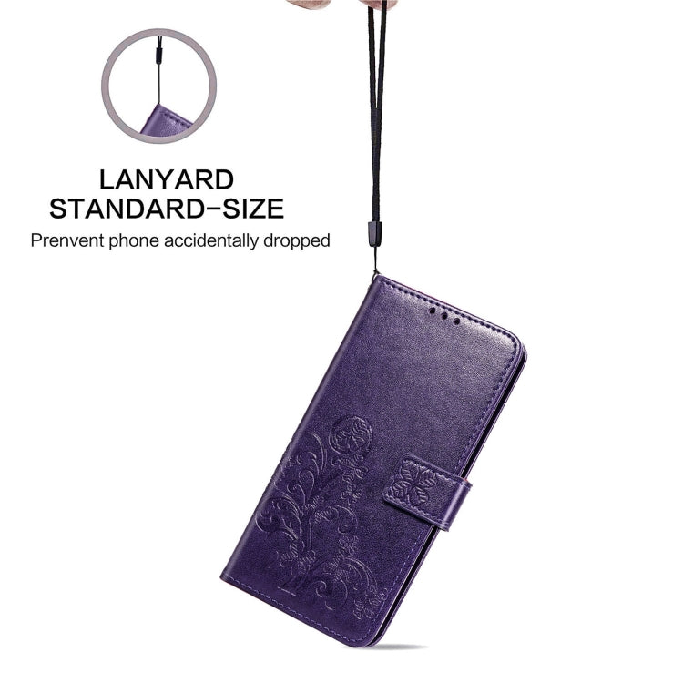 Four-leaf Clasp Embossed Buckle Mobile Phone Protection Leather Case with Lanyard & Card Slot & Wallet & Bracket Function For Samsung Galaxy A32 5G(Purple)