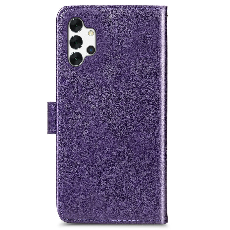Four-leaf Clasp Embossed Buckle Mobile Phone Protection Leather Case with Lanyard & Card Slot & Wallet & Bracket Function For Samsung Galaxy A32 5G(Purple)