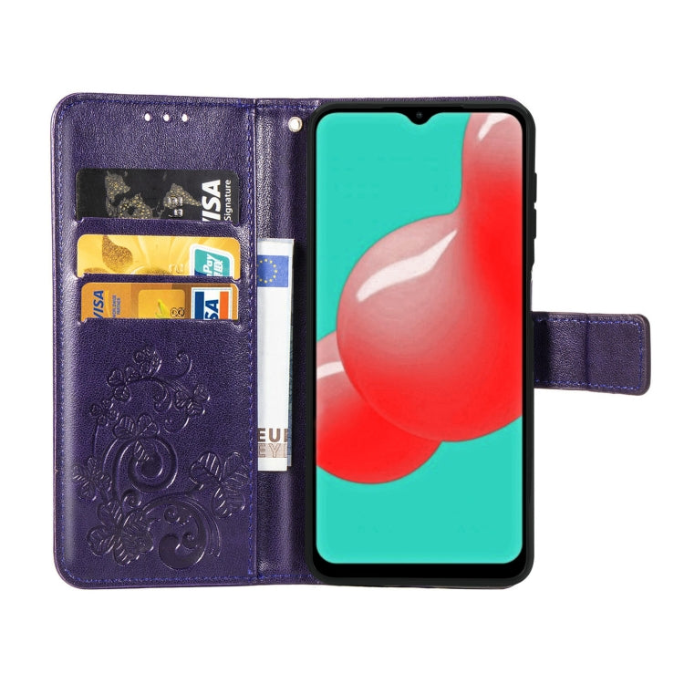 Four-leaf Clasp Embossed Buckle Mobile Phone Protection Leather Case with Lanyard & Card Slot & Wallet & Bracket Function For Samsung Galaxy A32 5G(Purple)