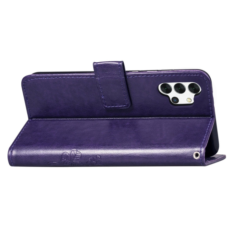 Four-leaf Clasp Embossed Buckle Mobile Phone Protection Leather Case with Lanyard & Card Slot & Wallet & Bracket Function For Samsung Galaxy A32 5G(Purple)
