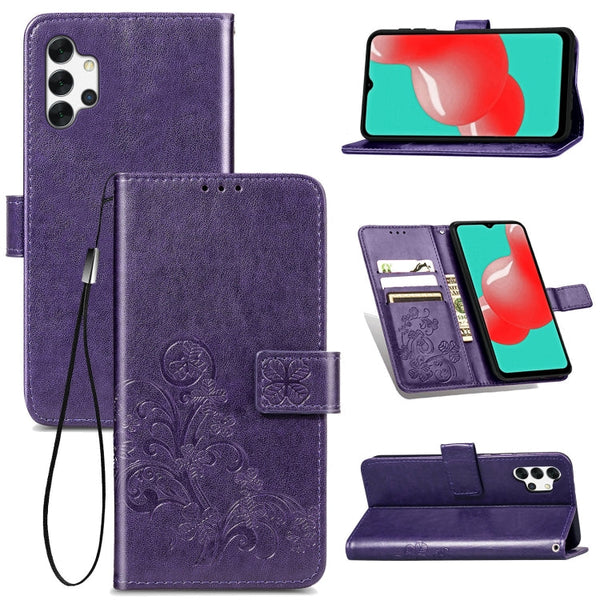 Four-leaf Clasp Embossed Buckle Mobile Phone Protection Leather Case with Lanyard & Card Slot & Wallet & Bracket Function For Samsung Galaxy A32 5G(Purple)