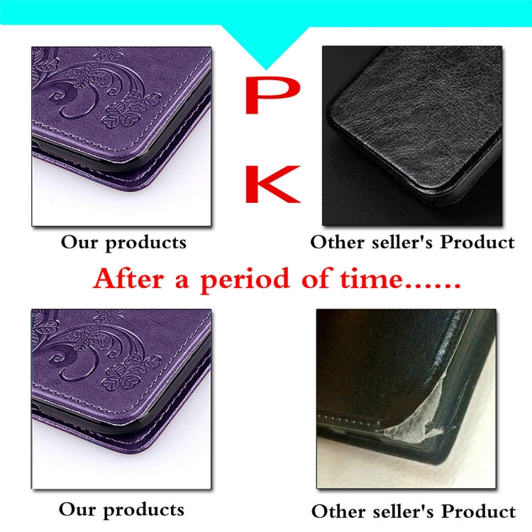 Four-leaf Clasp Embossed Buckle Mobile Phone Protection Leather Case with Lanyard & Card Slot & Wallet & Bracket Function For Samsung Galaxy A32 5G(Purple)