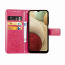 Four-leaf Clasp Embossed Buckle Mobile Phone Protection Leather Case with Lanyard & Card Slot & Wallet & Bracket Function For Samsung Galaxy A12(Magenta)