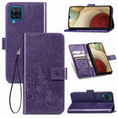 Four-leaf Clasp Embossed Buckle Mobile Phone Protection Leather Case with Lanyard & Card Slot & Wallet & Bracket Function For Samsung Galaxy A12(Purple)