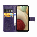 Four-leaf Clasp Embossed Buckle Mobile Phone Protection Leather Case with Lanyard & Card Slot & Wallet & Bracket Function For Samsung Galaxy A12(Purple)