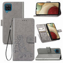 Four-leaf Clasp Embossed Buckle Mobile Phone Protection Leather Case with Lanyard & Card Slot & Wallet & Bracket Function For Samsung Galaxy A12(Grey)
