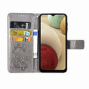 Four-leaf Clasp Embossed Buckle Mobile Phone Protection Leather Case with Lanyard & Card Slot & Wallet & Bracket Function For Samsung Galaxy A12(Grey)