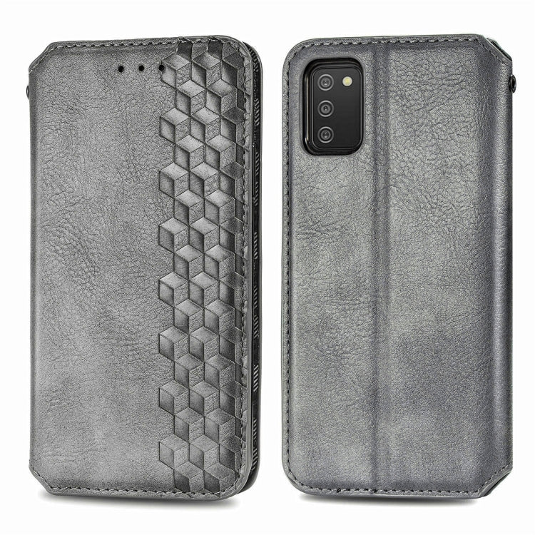 For Samsung Galaxy A02s(US Edition) Cubic Grid Pressed Horizontal Flip Magnetic PU Leather Case with Holder & Card Slots & Wallet(Gray)