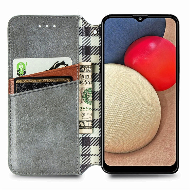 For Samsung Galaxy A02s(US Edition) Cubic Grid Pressed Horizontal Flip Magnetic PU Leather Case with Holder & Card Slots & Wallet(Gray)