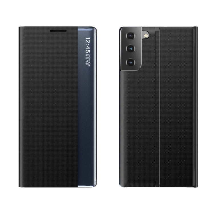 Side Display Magnetic Horizontal Flip Plain Texture Cloth + PC Case with Holder & Sleep / Wake-up Function For Samsung Galaxy S21+ 5G(Black)