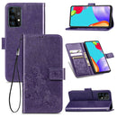 For Samsung Galaxy A52 5G / 4G Four-leaf Clasp Embossed Buckle Mobile Phone Protection Leather Case with Lanyard & Card Slot & Wallet & Bracket Function(Purple)