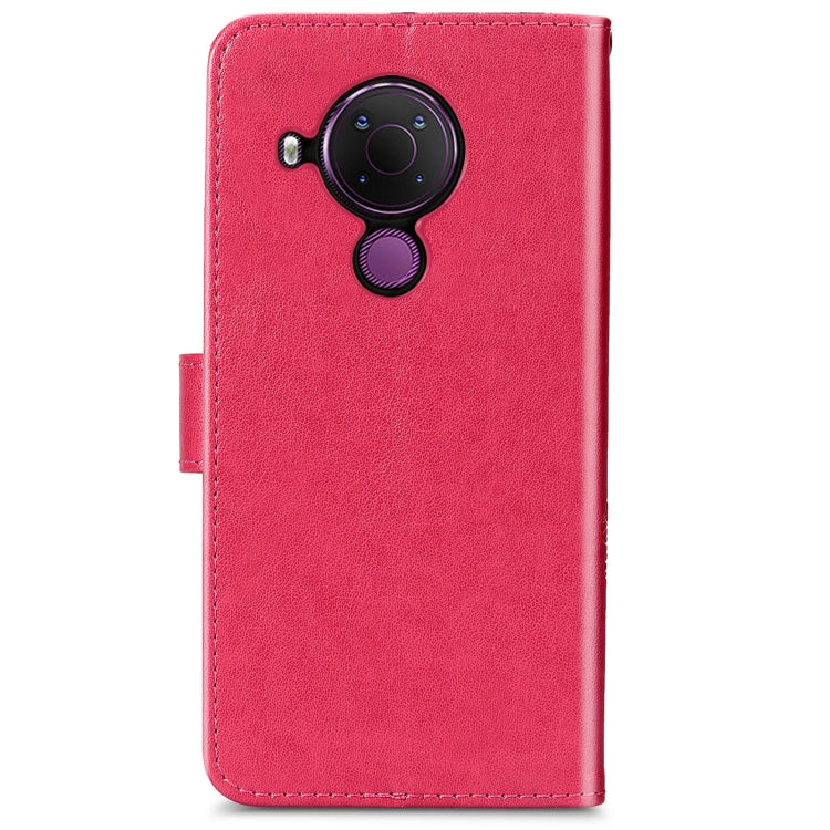 For Nokia 5.4 Four-leaf Clasp Embossed Buckle Mobile Phone Protection Leather Case with Lanyard & Card Slot & Wallet & Bracket Function(Magenta)