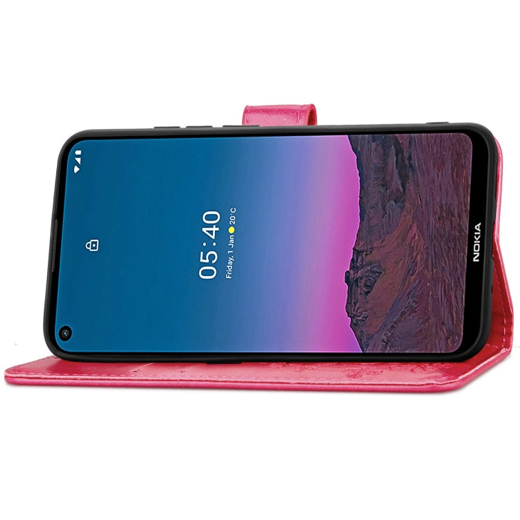 For Nokia 5.4 Four-leaf Clasp Embossed Buckle Mobile Phone Protection Leather Case with Lanyard & Card Slot & Wallet & Bracket Function(Magenta)