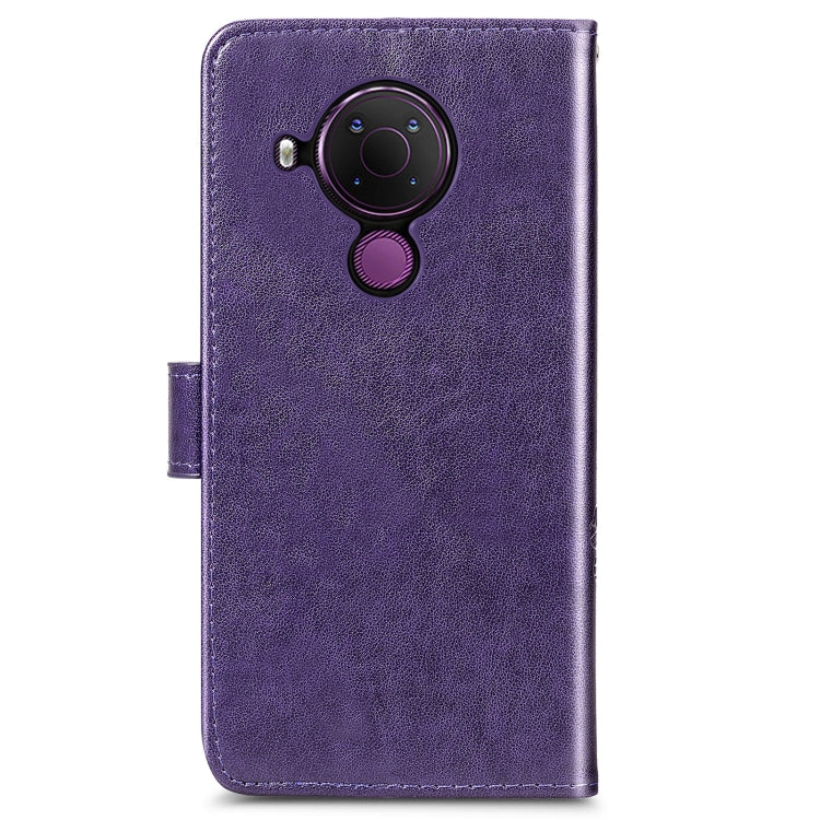 For Nokia 5.4 Four-leaf Clasp Embossed Buckle Mobile Phone Protection Leather Case with Lanyard & Card Slot & Wallet & Bracket Function(Purple)