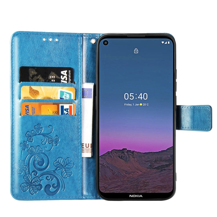 For Nokia 5.4 Four-leaf Clasp Embossed Buckle Mobile Phone Protection Leather Case with Lanyard & Card Slot & Wallet & Bracket Function(Blue)