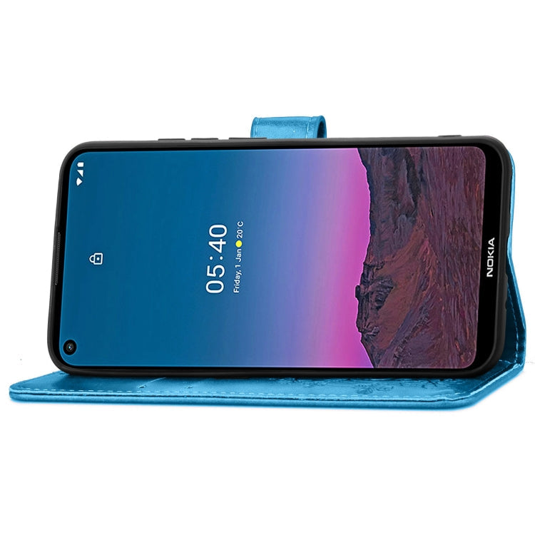 For Nokia 5.4 Four-leaf Clasp Embossed Buckle Mobile Phone Protection Leather Case with Lanyard & Card Slot & Wallet & Bracket Function(Blue)