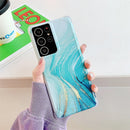 For Samsung Galaxy S21 Ultra 5G Four Corners Anti-Shattering Flow Gold Marble IMD Phone Back Cover Case(Green LD7)