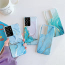 For Samsung Galaxy S21 Ultra 5G Four Corners Anti-Shattering Flow Gold Marble IMD Phone Back Cover Case(Orange Blue LD4)
