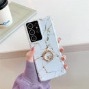 Four Corners Anti-Shattering Gold Marble IMD Phone Case with Metal Rhinestone Ring Holder For Samsung Galaxy S21 Plus 5G(White LQ2)