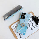 Four Corners Anti-Shattering Gold Marble IMD Phone Case with Metal Rhinestone Ring Holder For Samsung Galaxy S21 Plus 5G(White LQ2)
