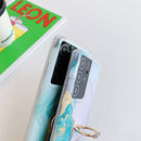 Four Corners Anti-Shattering Gold Marble IMD Phone Case with Metal Rhinestone Ring Holder For Samsung Galaxy S21 Plus 5G(White LQ2)