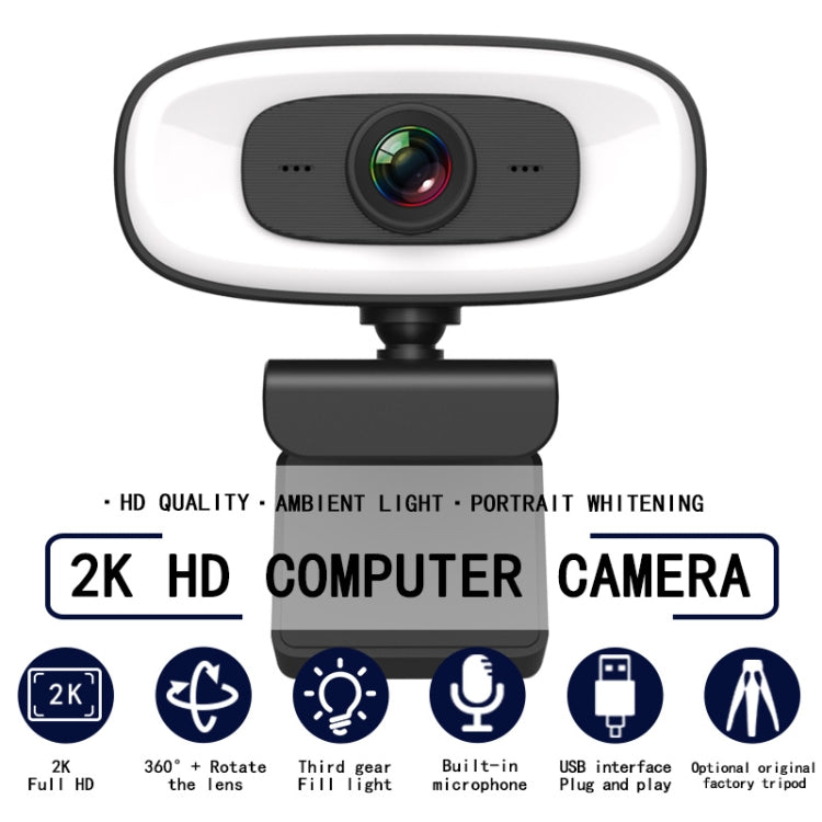 C10 2K HD Without Distortion 360 Degrees Rotate Three-speed Fill Light USB Free Drive Webcams, Built-in Clear Sound Microphone