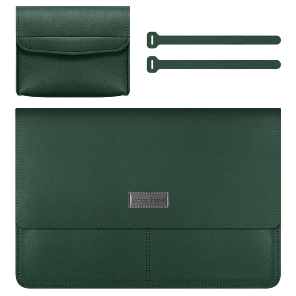 Litchi Pattern PU Leather Waterproof Ultra-thin Protection Liner Bag Briefcase Laptop Carrying Bag for 13-14 inch Laptops(Dark green)