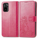 For Xiaomi Redmi Note 10 4G Four-leaf Clasp Embossed Buckle Mobile Phone Protection Leather Case with Lanyard & Card Slot & Wallet & Bracket Function(Rose Red)