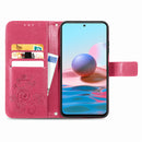 For Xiaomi Redmi Note 10 4G Four-leaf Clasp Embossed Buckle Mobile Phone Protection Leather Case with Lanyard & Card Slot & Wallet & Bracket Function(Rose Red)