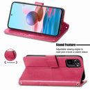 For Xiaomi Redmi Note 10 4G Four-leaf Clasp Embossed Buckle Mobile Phone Protection Leather Case with Lanyard & Card Slot & Wallet & Bracket Function(Rose Red)