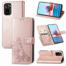 For Xiaomi Redmi Note 10 4G Four-leaf Clasp Embossed Buckle Mobile Phone Protection Leather Case with Lanyard & Card Slot & Wallet & Bracket Function(Rose Gold)