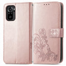 For Xiaomi Redmi Note 10 4G Four-leaf Clasp Embossed Buckle Mobile Phone Protection Leather Case with Lanyard & Card Slot & Wallet & Bracket Function(Rose Gold)