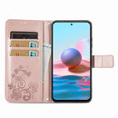 For Xiaomi Redmi Note 10 4G Four-leaf Clasp Embossed Buckle Mobile Phone Protection Leather Case with Lanyard & Card Slot & Wallet & Bracket Function(Rose Gold)