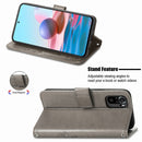 For Xiaomi Redmi Note 10 4G Four-leaf Clasp Embossed Buckle Mobile Phone Protection Leather Case with Lanyard & Card Slot & Wallet & Bracket Function(Grey)