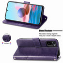 For Xiaomi Redmi Note 10 4G Four-leaf Clasp Embossed Buckle Mobile Phone Protection Leather Case with Lanyard & Card Slot & Wallet & Bracket Function(Purple)
