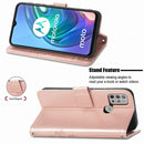 For Motorola Moto G10 , G30 Four-leaf Clasp Embossed Buckle Mobile Phone Protection Leather Case with Lanyard & Card Slot & Wallet & Bracket Function(Rose Gold)