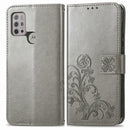 For Motorola Moto G10 , G30 Four-leaf Clasp Embossed Buckle Mobile Phone Protection Leather Case with Lanyard & Card Slot & Wallet & Bracket Function(Grey)