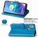 For Motorola Moto G10, G30 Four-leaf Clasp Embossed Buckle Mobile Phone Protection Leather Case with Lanyard & Card Slot & Wallet & Bracket Function(Blue)