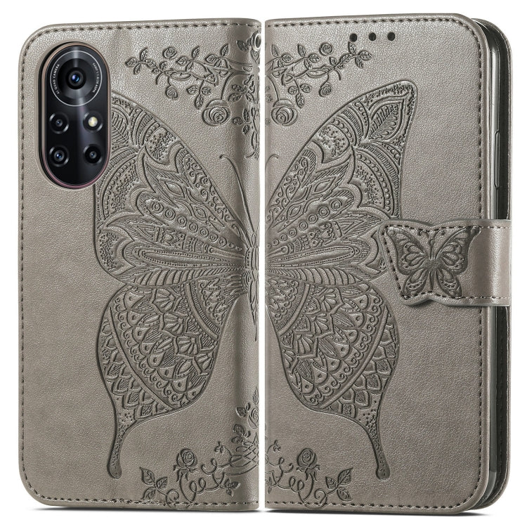 For Huawei Nova 8 Pro Butterfly Love Flower Embossed Horizontal Flip Leather Case with Bracket & Card Slot & Wallet & Lanyard(Gray)
