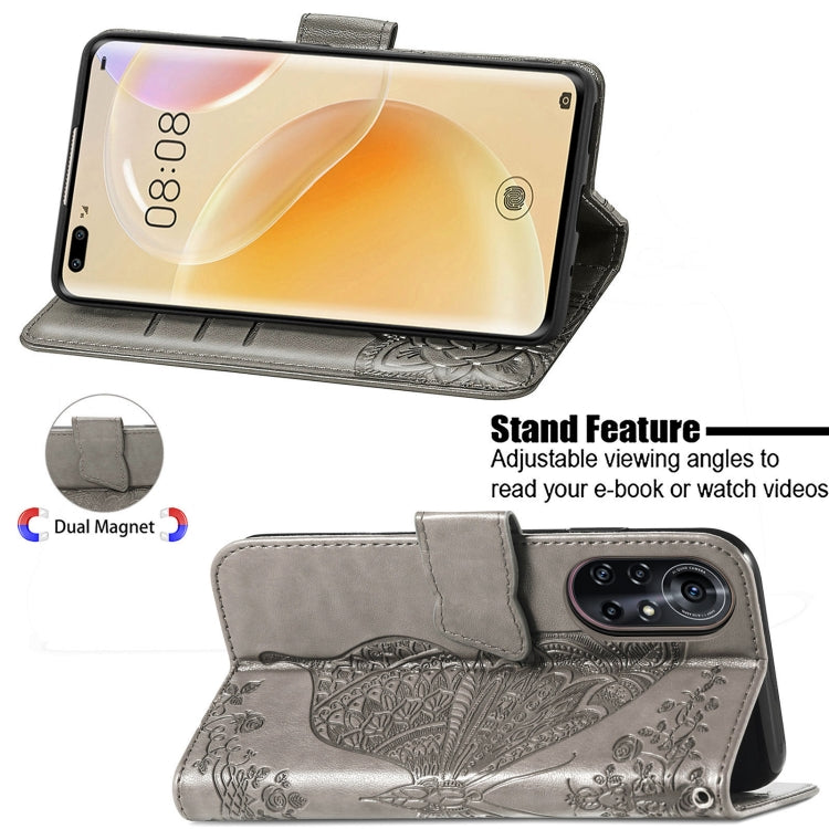 For Huawei Nova 8 Pro Butterfly Love Flower Embossed Horizontal Flip Leather Case with Bracket & Card Slot & Wallet & Lanyard(Gray)