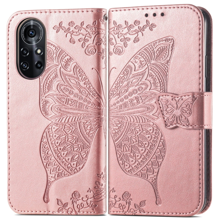 For Huawei Nova 8 Pro Butterfly Love Flower Embossed Horizontal Flip Leather Case with Bracket & Card Slot & Wallet & Lanyard(Rose Gold)
