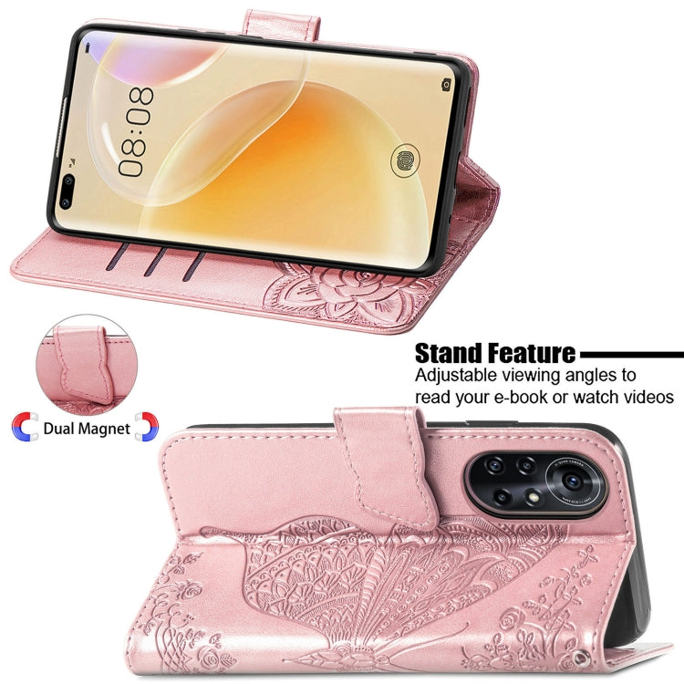For Huawei Nova 8 Pro Butterfly Love Flower Embossed Horizontal Flip Leather Case with Bracket & Card Slot & Wallet & Lanyard(Rose Gold)