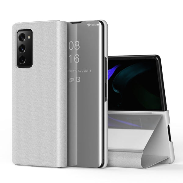 For Samsung Galaxy Z Fold2 5G Plated Mirror Horizontal Flip Leather Case with Holder(Silver)