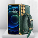 For Samsung Galaxy S21 Ultra Electroplated TPU Crocodile Pattern Leather Case with Wrist Strap(Green)