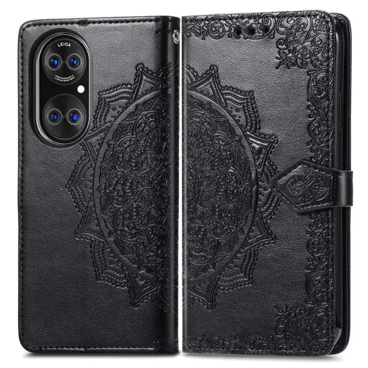 Halfway Mandala Embossing Pattern Horizontal Flip Leather Case with Holder & Card Slots & Wallet & Lanyard For Huawei P50 Pro(Black)