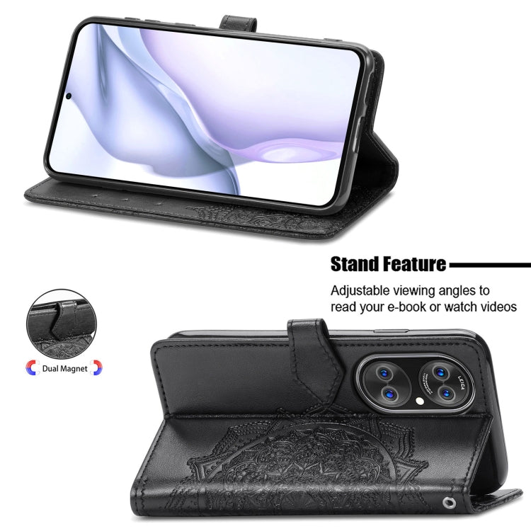 Halfway Mandala Embossing Pattern Horizontal Flip Leather Case with Holder & Card Slots & Wallet & Lanyard For Huawei P50 Pro(Black)